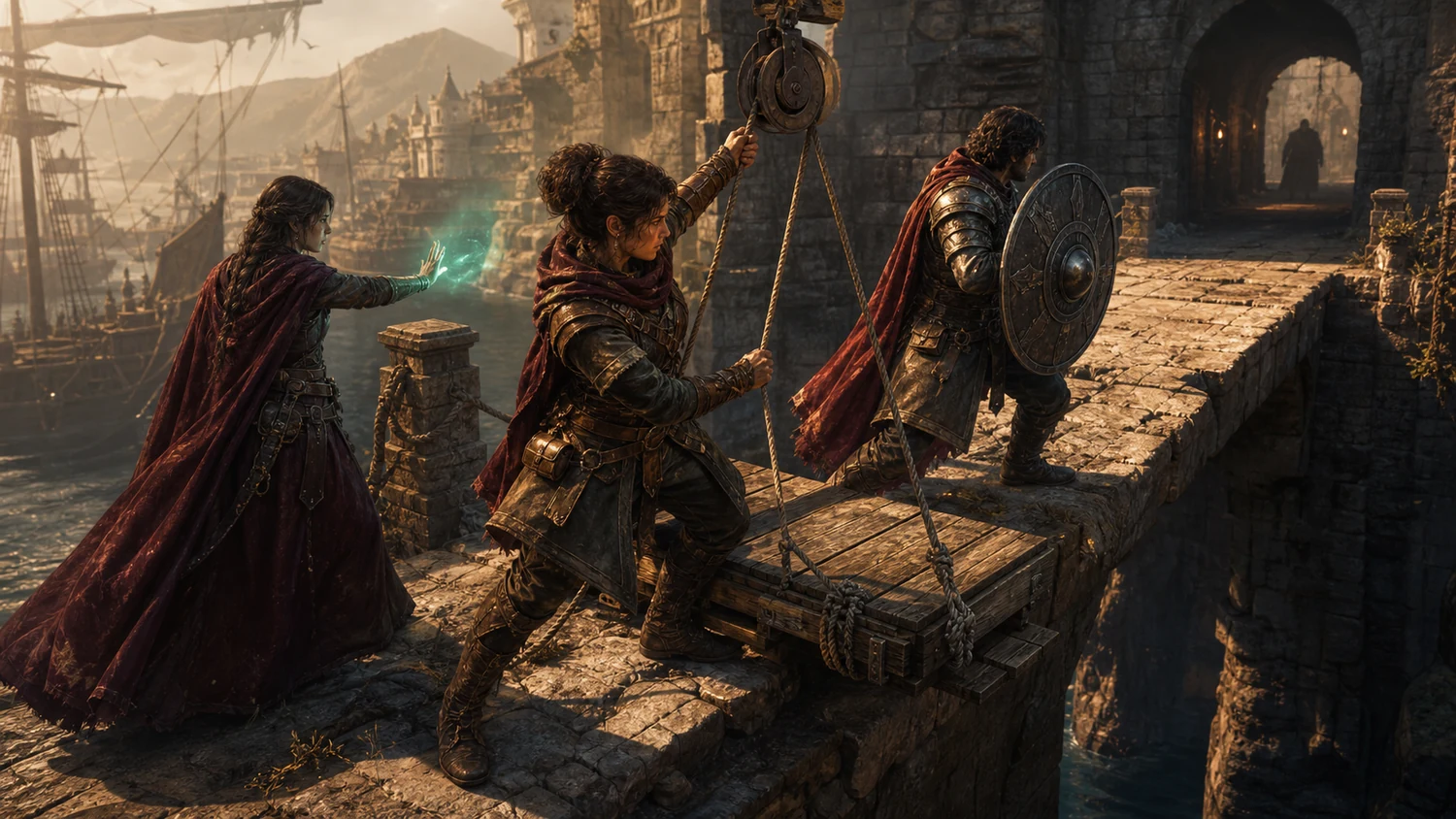 Three adventurers cooperate at a broken harbor bridge: one guards the approach, another works a pulley, and a third brings magical light.