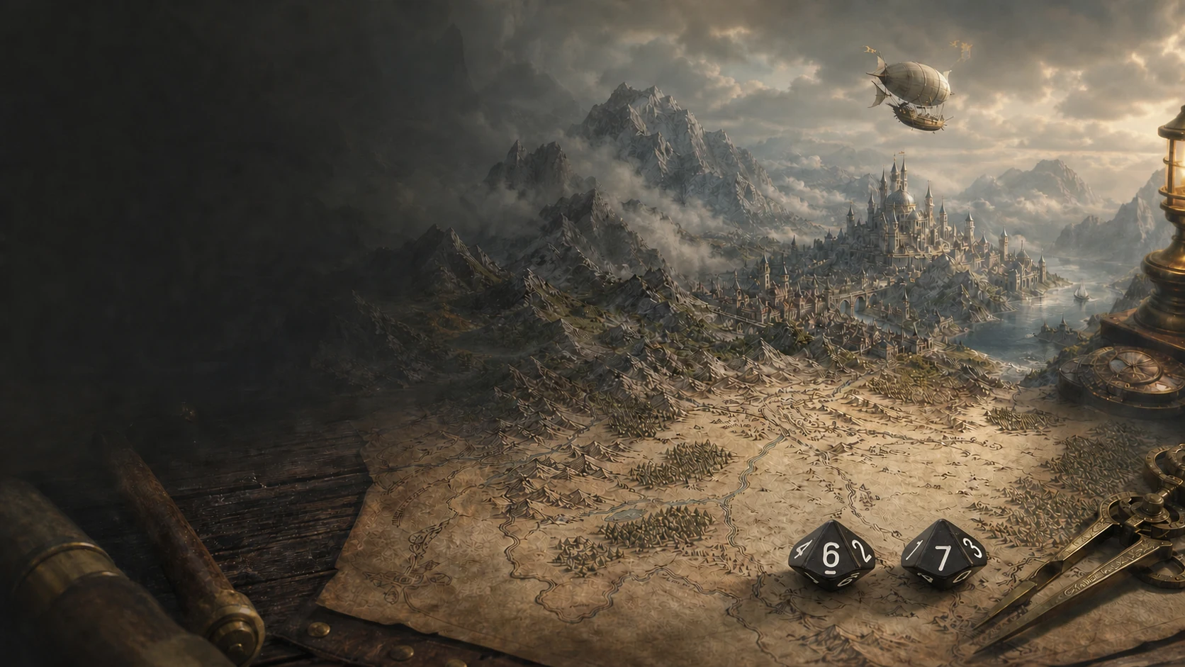 A parchment campaign map becomes a mountain realm, with two ten-sided dice in the foreground and an airship above a distant city.