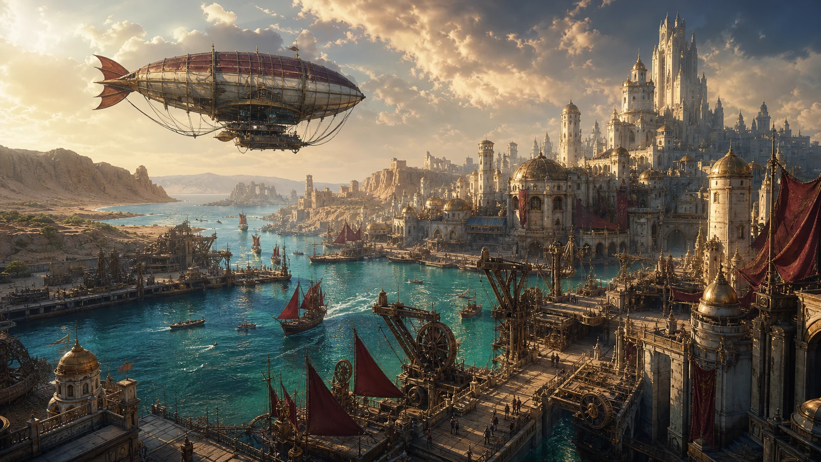 An airship passes over a fantasy harbor of ancient towers, brass dock machinery, burgundy sails, and turquoise waterways.